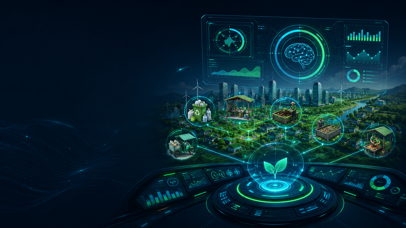 Ilustrasi futuristik AI untuk kota hijau dan ekonomi sirkular